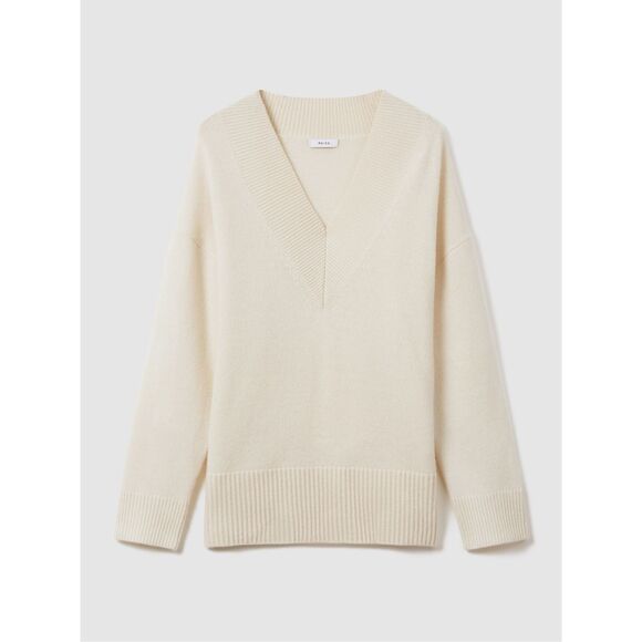 REISS SEREN OVERSIZED WOOL CASHMERE V-NECK JUMPER IN IVORY SIZE LARGE - Picture 2 of 11